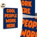 Cool People Work Here Typographic Painting Poster, Bold Vibrant Orange-on-Navy Text Poster, Cheerful Decor To Enhance Workplace Atmosphere, Ideal For_maomaolike.com