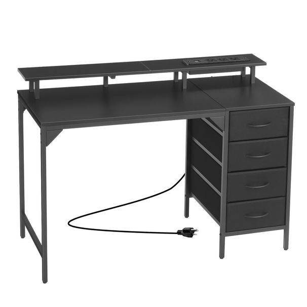 47" Computer Desk With LED Lights & Power Outlets, Gaming Table With 4 Large Drawers, Office Desk With Monitor Stand, Study Work Home Office, Small Spaces, Black_maomaolike.com