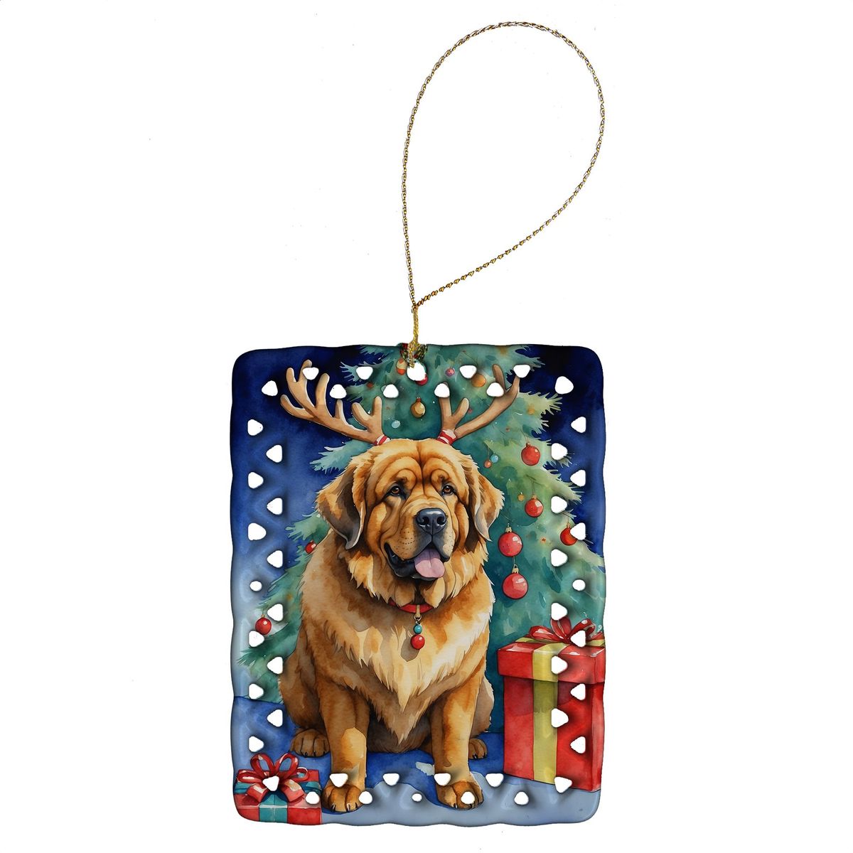 Tibetan Mastiff Christmas Reindeer Porcelain Ornament Christmas Tree Hanging Decorations For Home Christmas Holiday, Rectangle, Gift, Multicolor_maomaolike.com