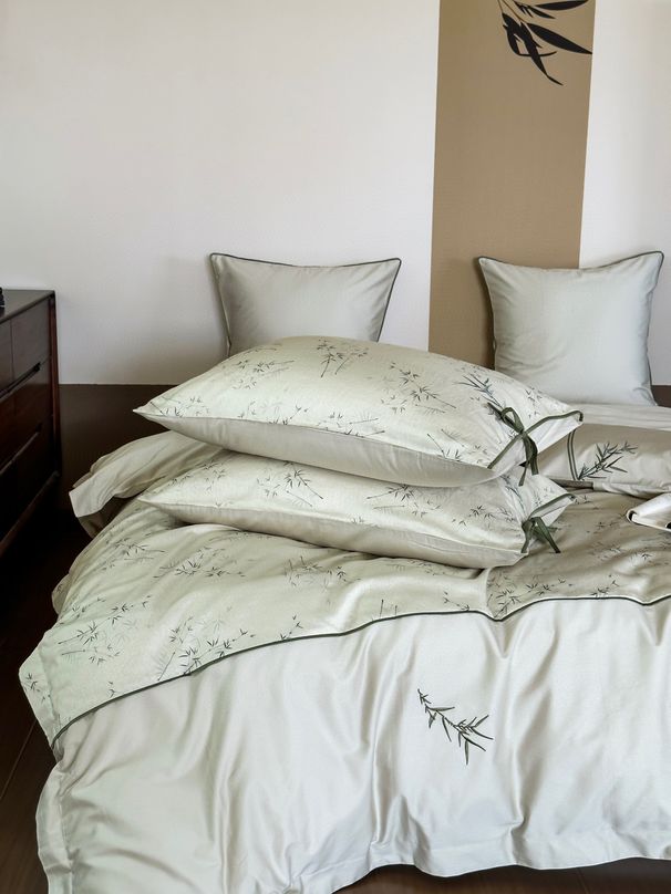 100s Four-Piece Set With Chinese Style Embroidery, Minimalist Style, High-Count Dense Cotton Bed Sheet And Duvet Cover_maomaolike.com