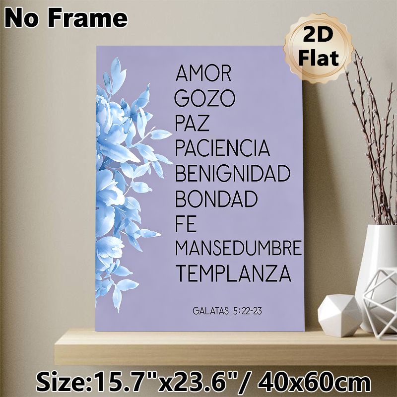 Spanish Galatians 5:22-23 Verse Painting Poster, Soft Watercolor Blue Floral & Lavender Tone Poster, Inspirational Religious Wall Decor Ideal For_maomaolike.com