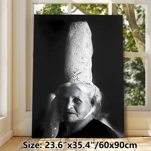 Traditional Elderly Female With Lace Headdress Portrait Painting Poster, Monochrome Vintage Style Poster, Cultural-themed Artwork Ideal For Home Wall_maomaolike.com