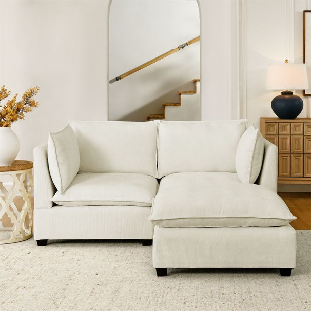 Comfy Cloud Couch Loveseat With Ottoman, Modern Chenille Love Seat Upholstered Modular Couch Sleeper For Living Room, Apartment, Studio, Office(Beige White)_maomaolike.com