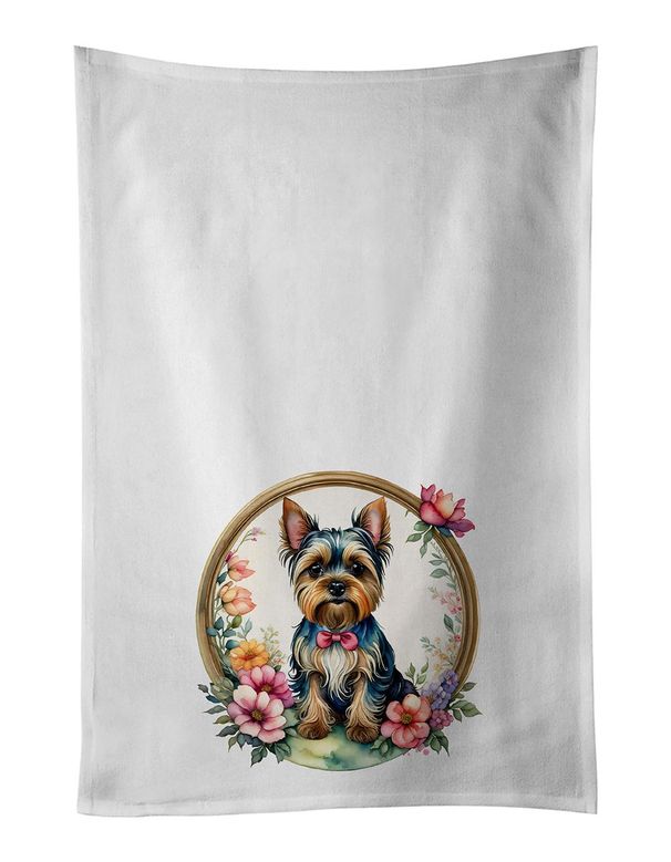 Yorkshire Terrier And Flowers Kitchen Towel Set Of 2 White Dish Towels Decorative Bathroom Hand Towel For Hand, Face, Hair, Yoga, Tea, Dishcloth, 19 X 28", White_maomaolike.com