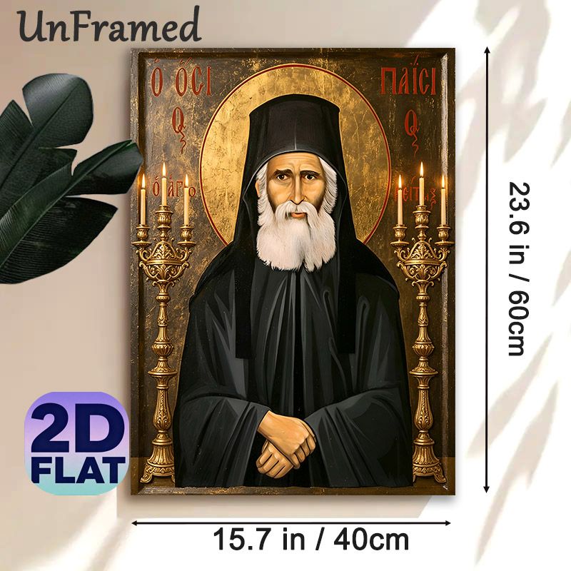Orthodox Saint Paisios Painting Poster, Vintage Traditional Orthodox Icon Style Poster, Serene Devotional Artwork With Halo And Gilded Candelabras_maomaolike.com