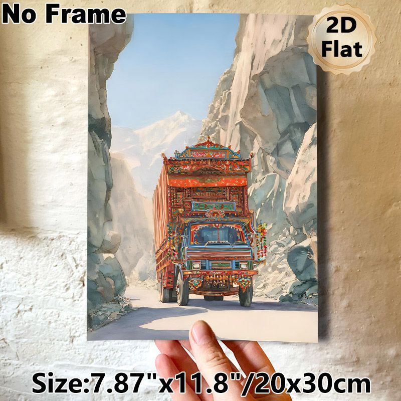 Decorated Truck Mountain Gorge Painting Poster, Vibrant Artistic Style Poster, Colorfully Adorned Truck Navigating Narrow Rocky Gorge With Snow-capped_maomaolike.com