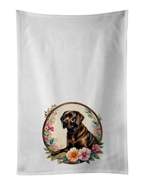 Chocolate Labrador Retriever And Flowers Kitchen Towel Set Of 2 White Dish Towels Decorative Bathroom Hand Towel For Hand, Face, Hair, Yoga, Tea, Dishcloth, 19 X 28", White_maomaolike.com