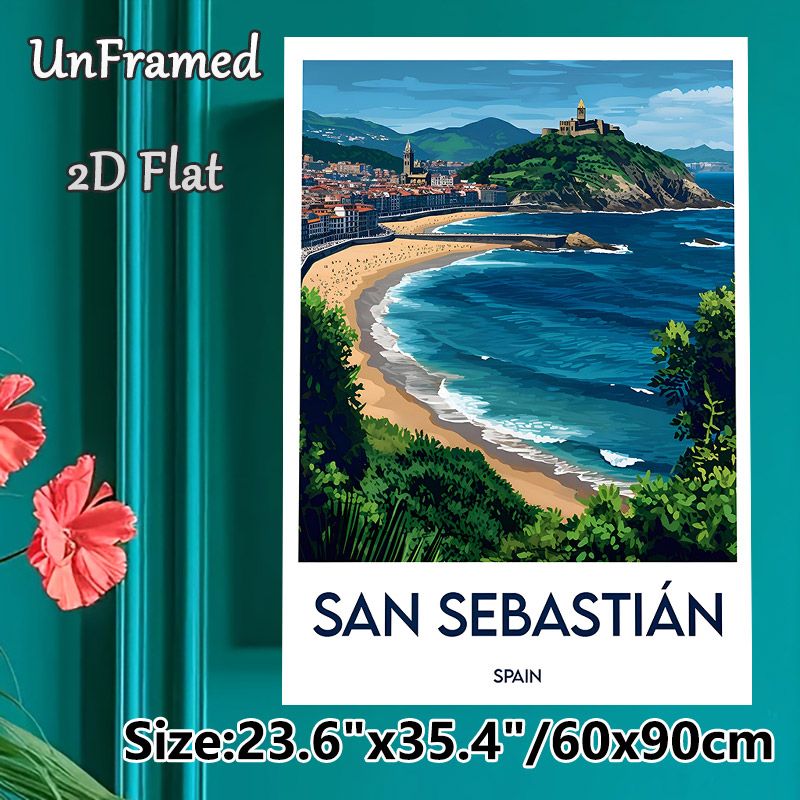 San Sebastián Coastal City Travel Landscape Painting Poster, Vibrant Stylized Seaside Cityscape With Curving Beach & Hillside Fortress Poster_maomaolike.com