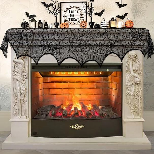 Halloween Decoration Black Lace Spiderweb Fireplace Mantle Scarf Cover Festive Party Supplies_maomaolike.com