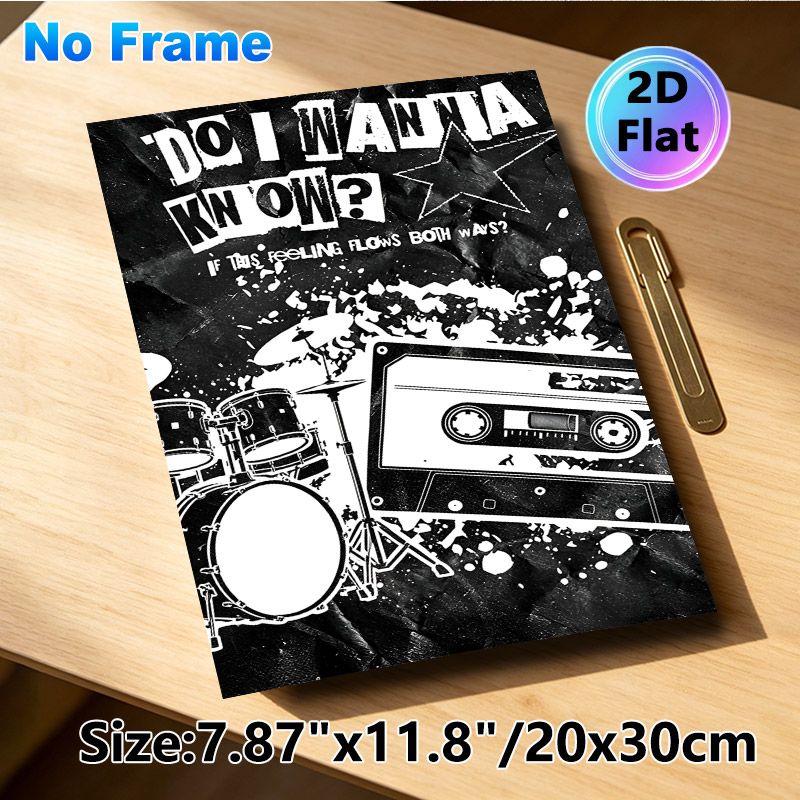 Rock Music Themed Painting Poster, Monochrome Retro Punk Style Poster, Vintage Drum & Cassette Design Ideal For Music Studio, Bedroom Or Living Room_maomaolike.com