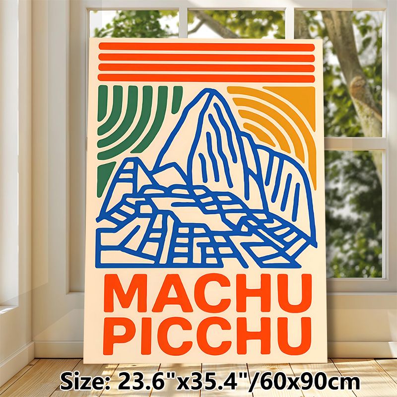 Machu Picchu Themed Painting Poster, Bold Line Art & Retro Color Poster, Stylish Landmark Decor Ideal For Living Room, Study And Travel-themed Spaces_maomaolike.com