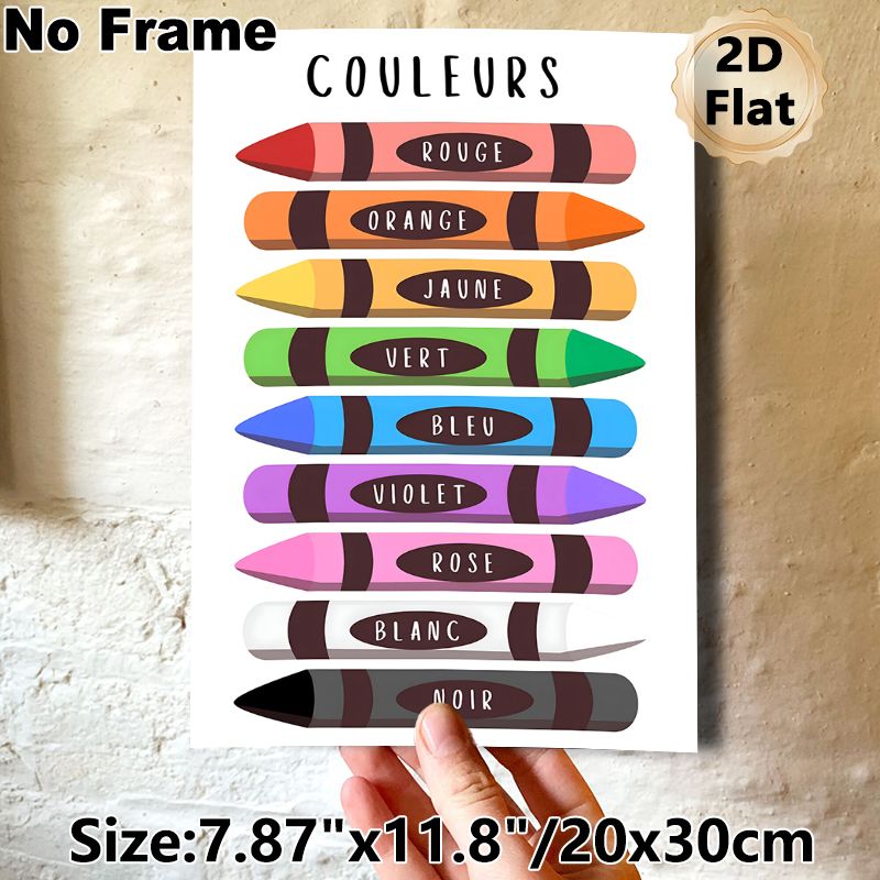 French Color Crayons Painting Poster, Vibrant Flat-style Colorful French-labeled Crayons Poster, Assists With French Color Vocabulary Learning, Ideal_maomaolike.com