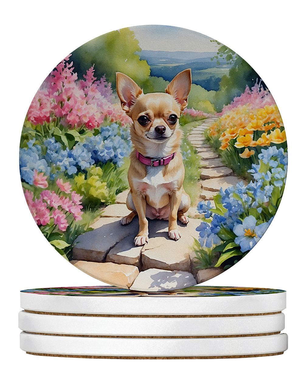 Chihuahua Spring Path Large Sandstone Coasters Pack Of 4 Absorbent Round Coasters Decor Gifts For Men Or Women, 4 In, Multicolor_maomaolike.com