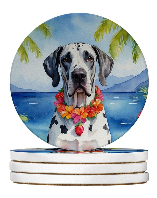Great Dane Luau Large Sandstone Coasters Pack Of 4 Absorbent Round Coasters Decor Gifts For Men Or Women, 4 In, Multicolor_maomaolike.com