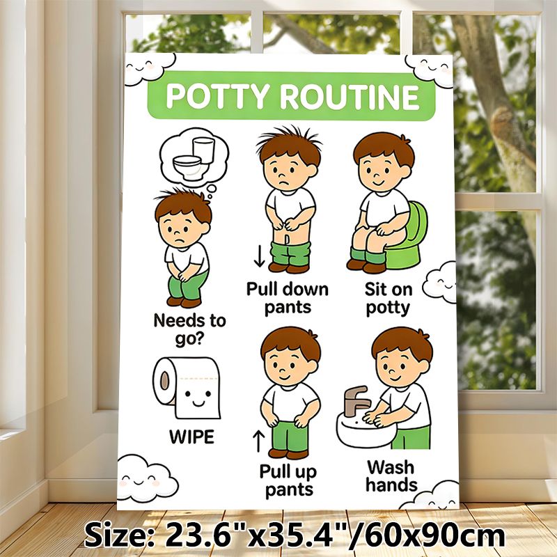 Potty Routine Painting Poster, Cute Cartoon Step-by-Step Potty Guide Poster, Clear Instructional Design Suitable For Bathroom_maomaolike.com