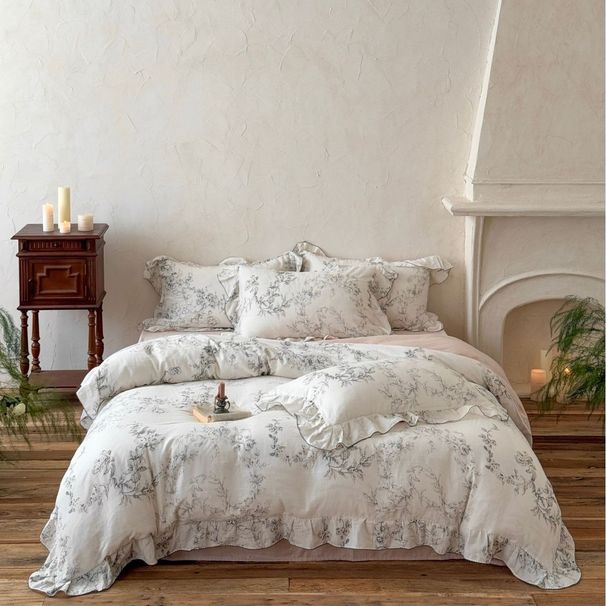 French Style Girly Fashion Romantic All-Cotton Double Layer Gauze Four-Piece Set With Ruched Lace Silky Smooth Naked Sleep Bed She_maomaolike.com