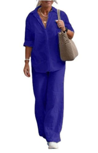 Women's clothing women's two-piece set women's lapel long-sleeved shirt spring and autumn casual solid color pants wide leg suit_maomaolike.com