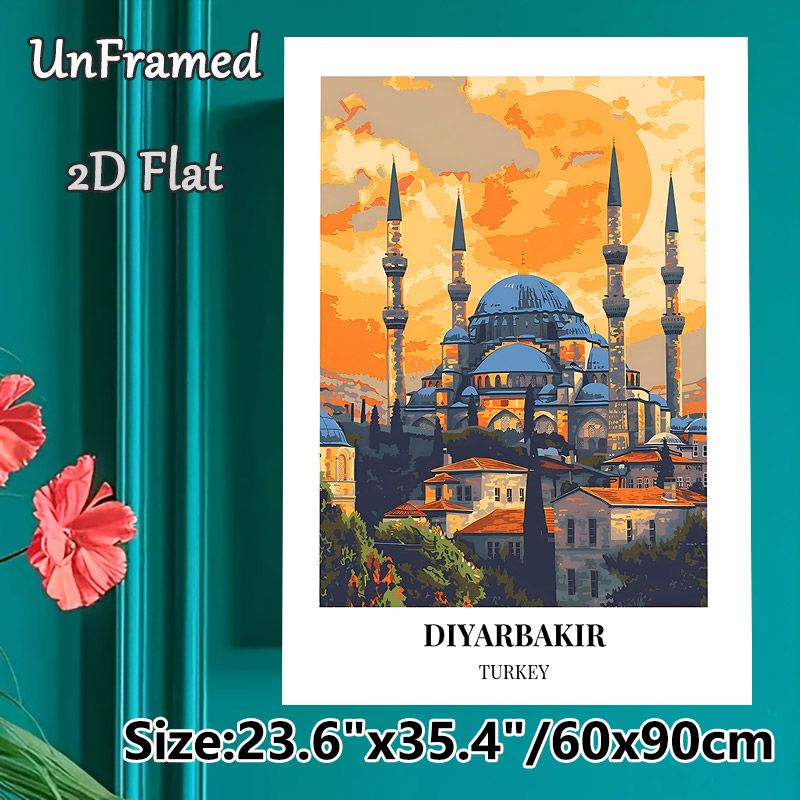 Diyarbakir Turkey Mosque Painting Poster, Vibrant Retro Travel Style Sunset Scene Poster, Captivating Cultural Artwork Ideal For Home, Living Room And_maomaolike.com