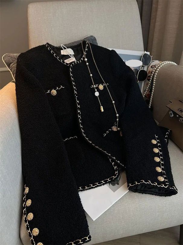 Women's Clothing light luxury small tweed black short jacket all-match royal sister style baseball jacket spring_maomaolike.com