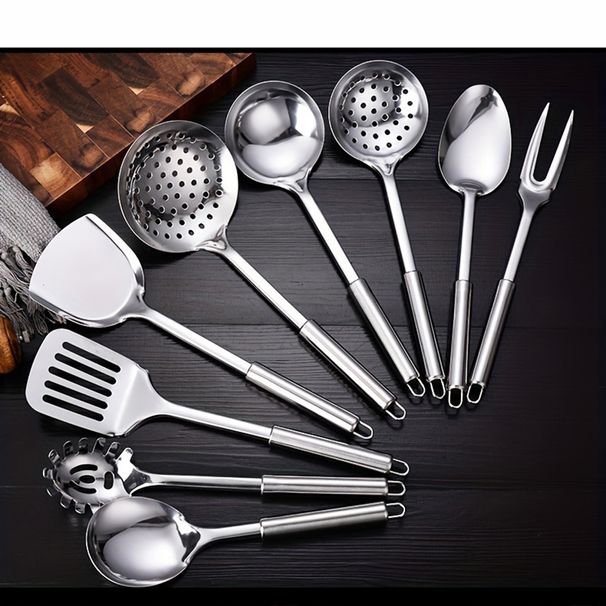 Premium 9pcs Stainless Steel Kitchen Utensil Set-Soup Ladle, Slotted Turner, Pasta Server & More | Durable & Rust-Resistant Cooking Tools_maomaolike.com