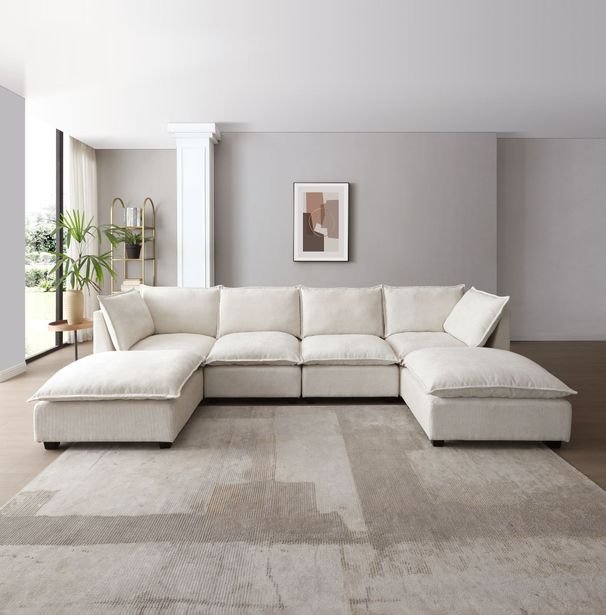 130" Inch Modular Sectional Sofa, Linen Fabric Couch Set With Convertible Ottoman,U Shaped Sofa,comfortable,Freely Combinable Sofa For Living Room, Apartment, Office,Blue, 3 Colors BE_maomaolike.com