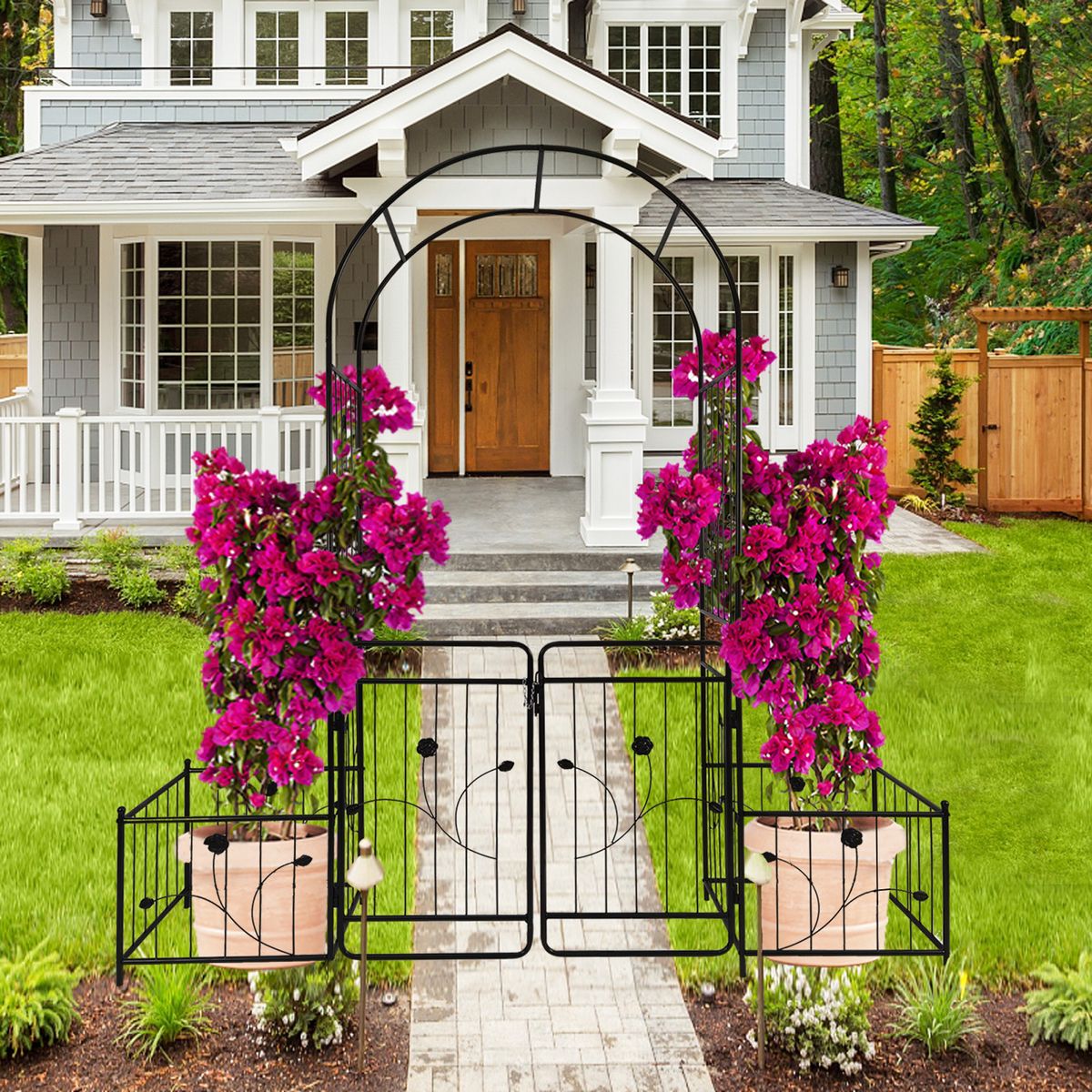 Metal Garden Arch With Gate 79.5'' Wide X 86.6'' High Climbing Plants Support Rose Arch Outdoor Black_maomaolike.com