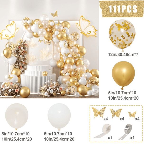 White And Gold Balloon Garland Butterfly Kit, 111 Pieces Of White Metal Gold Confetti Balloon Arch Kit, Suitable For Decorating Birthdays, Weddings, Engagements, Graduation Anniversary Parties_maomaolike.com