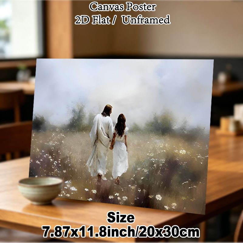 Jesus Companion Religious Painting Poster, Soft Misty Serene Meadow Walking Scene Poster, Peaceful Spiritual Decor Ideal For Home, Prayer Room_maomaolike.com