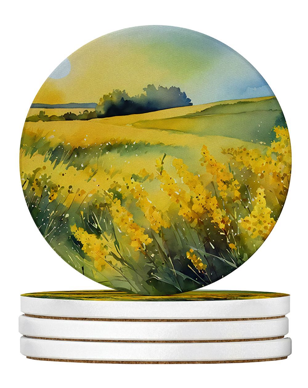 Nebraska Goldenrod In Watercolor Large Sandstone Coasters Pack Of 4 Absorbent Round Coasters Decor Gifts For Men Or Women, 4 In, Multicolor_maomaolike.com