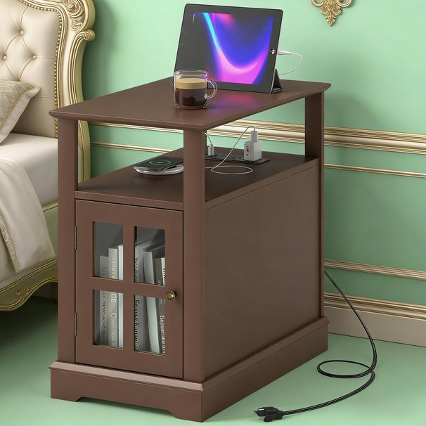 Narrow Side Table End Table With Charging Station, USB Ports, Modern End Table_maomaolike.com