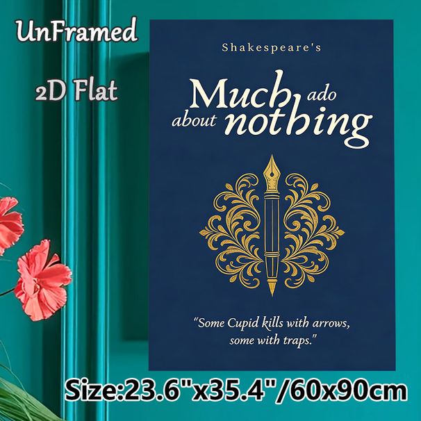 Shakespeare's Much Ado About Nothing Painting Poster, Vintage Dark Blue With Golden Ornate Fountain Pen Design Poster, Elegant Literary Quote Decor_maomaolike.com