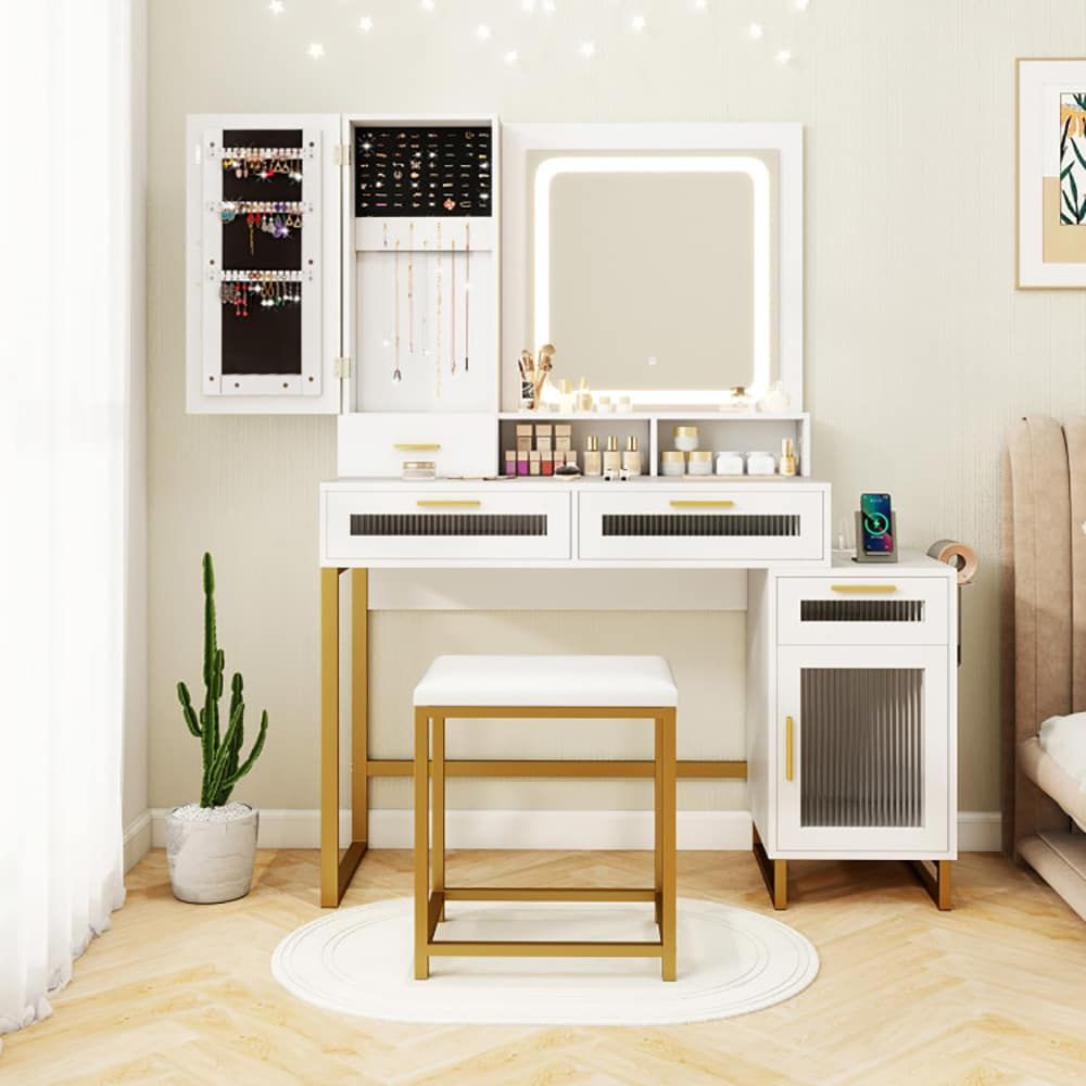 Makeup Vanity Desk Dressing Table And Stool Set With Lighted Mirror_maomaolike.com