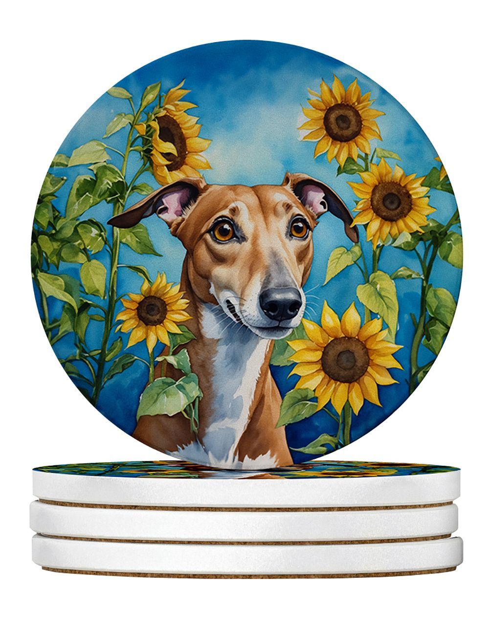 Greyhound In Sunflowers Large Sandstone Coasters Pack Of 4 Absorbent Round Coasters Decor Gifts For Men Or Women, 4 In, Multicolor_maomaolike.com