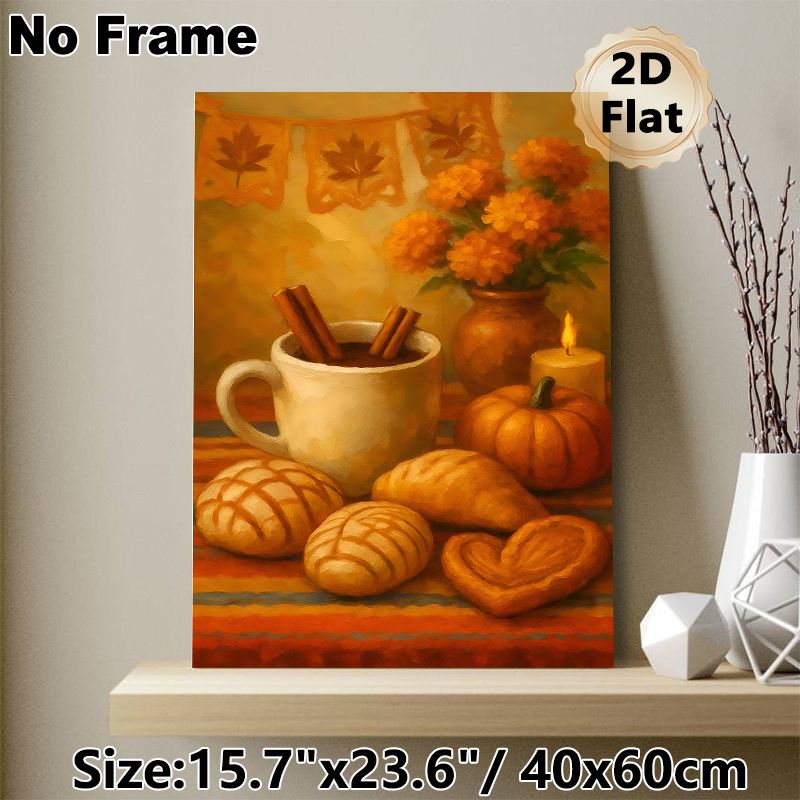 Autumn Still Life Painting Poster, Warm-toned Oil Painting Style Poster, Cozy Fall Scene With Mug, Pastries, Pumpkin And Marigolds, Inviting Decor For_maomaolike.com