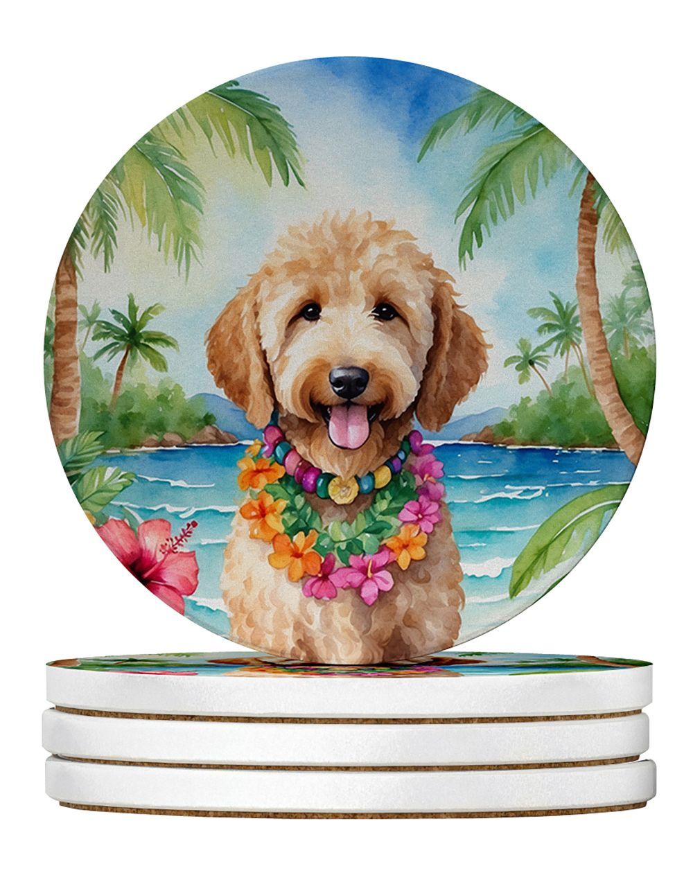 Goldendoodle Luau Large Sandstone Coasters Pack Of 4 Absorbent Round Coasters Decor Gifts For Men Or Women, 4 In, Multicolor_maomaolike.com
