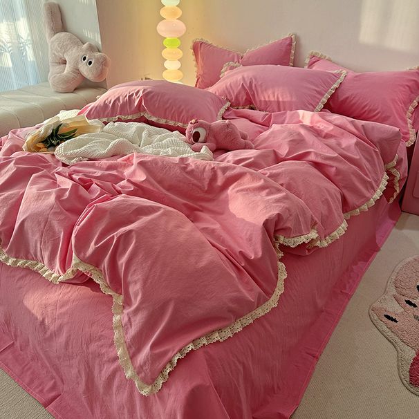 Wholesale INS Korean Style Princess Simple Pure Four-Piece All Solid Color Lace Trim Washed Cotton 4-Piece Set_maomaolike.com