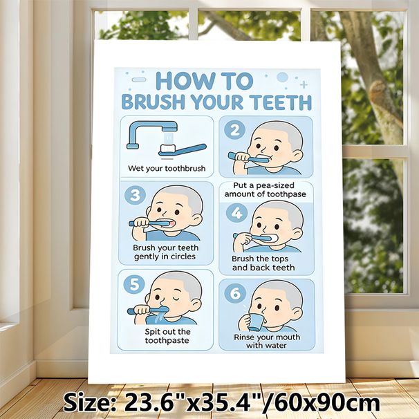 Teeth Brushing Guide Painting Poster, Light-toned Cartoon Step-by-step Instruction Poster, Practical Oral Care Guidance, Suitable For Bathroom_maomaolike.com