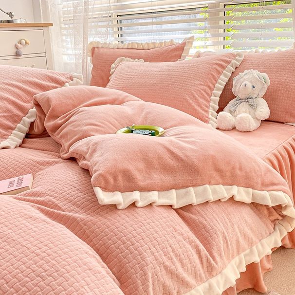 Plain Color Carved Milk Velvet Four-Piece Double-Sided Coral Fleece Thickened Winter Warm Bed Sheet Duvet Cover Bedding Three-Piec_maomaolike.com