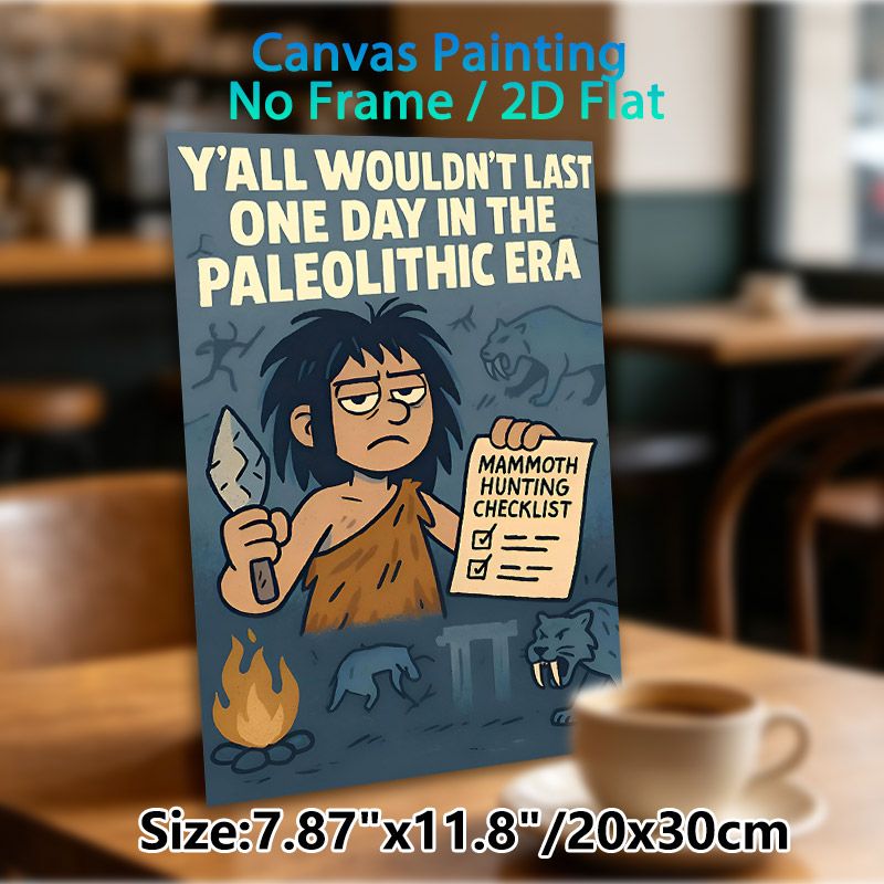 Paleolithic Caveman Painting Poster, Cartoon-style Sarcastic Caveman With Mammoth Hunting Checklist Poster, Humorous Prehistoric-themed Decor Ideal_maomaolike.com