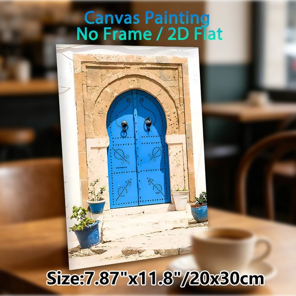 Moroccan Blue Door Painting Poster, Vintage Bohemian Ethnic Style Poster, Exotic Architectural Charm Ideal For Living Room, Hallway, Bohemian-inspired_maomaolike.com
