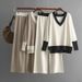 Women's Clothing autumn and winter new V neck contrast color knit sweater loose wide leg pants two piece suit_maomaolike.com