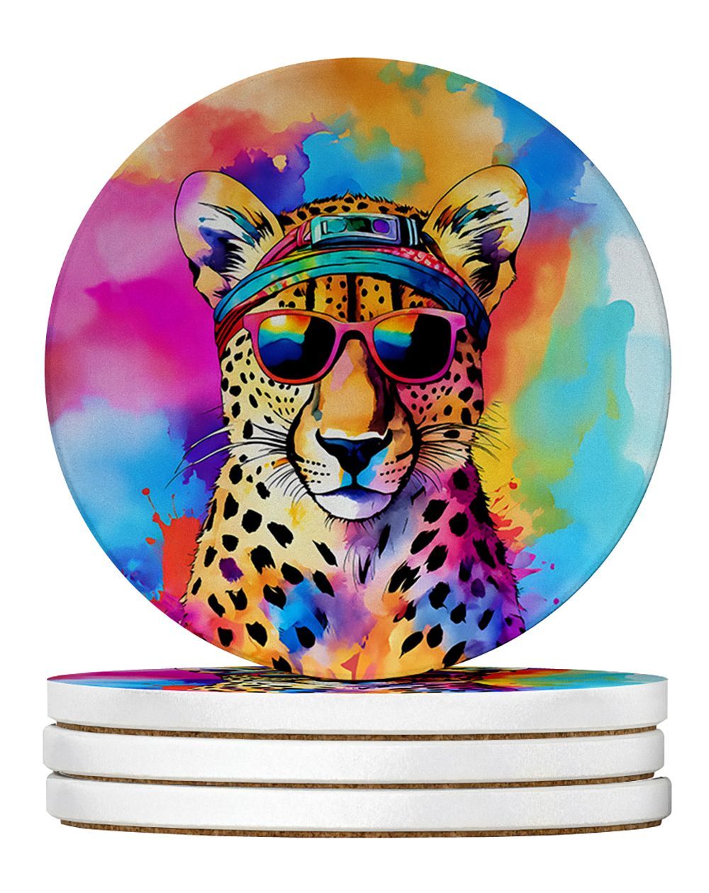 Hippie Animal Cheetah Large Sandstone Coasters Pack Of 4 Absorbent Round Coasters Decor Gifts For Men Or Women, 4 In, Multicolor_maomaolike.com
