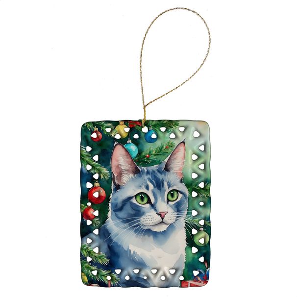 Ojos Azules Cat By The Christmas Tree Porcelain Ornament Christmas Tree Hanging Decorations For Home Christmas Holiday, Rectangle, Gift, Multicolor_maomaolike.com