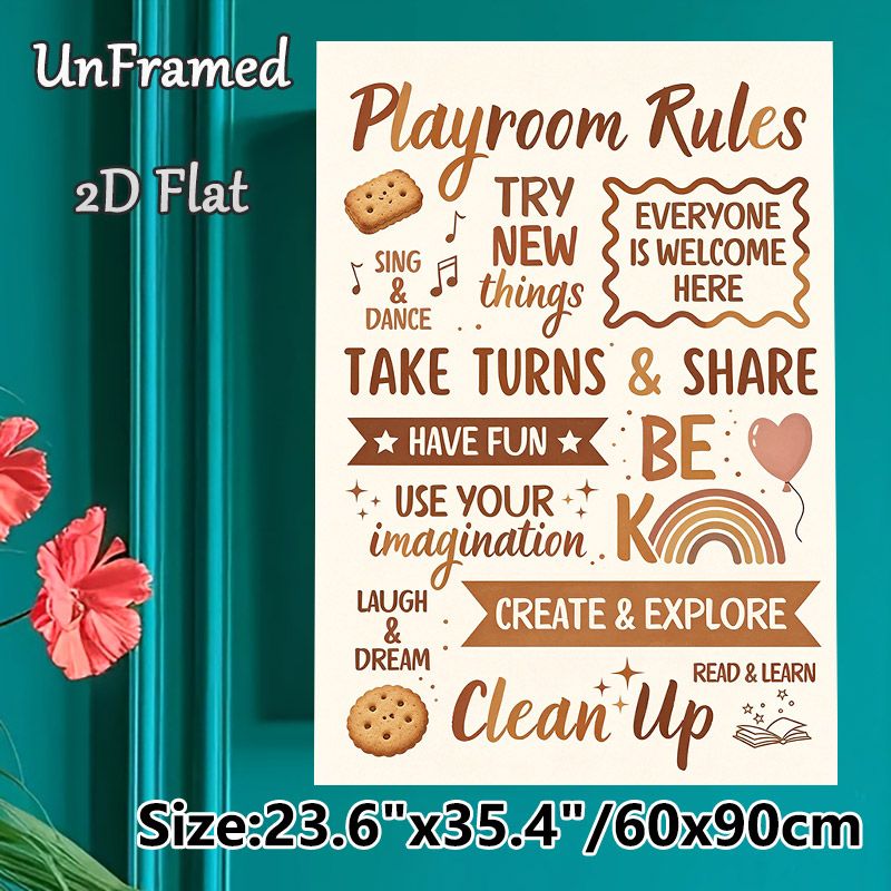 Playroom Rules Painting Poster, Warm-toned Whimsical Typographic Art Poster, Offers Friendly Play Behavior Guidelines, Ideal For Play Areas_maomaolike.com