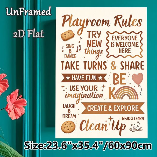 Playroom Rules Painting Poster, Warm-toned Whimsical Typographic Art Poster, Offers Friendly Play Behavior Guidelines, Ideal For Play Areas_maomaolike.com