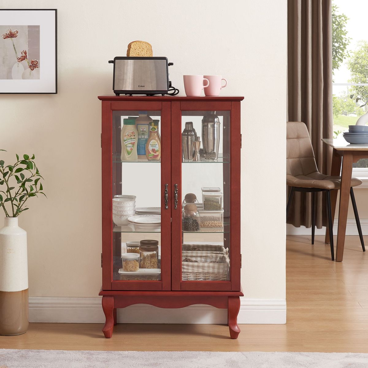 2 Doors Curio Cabinet With Tempered Glass Doors, Curio Cabinets With Mirrored Back Panel And Adjustable Shelves, Lighted Display Cabinet For Home, Office Light Bulb Included Cherry_maomaolike.com