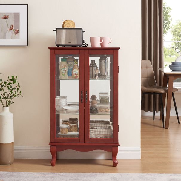 2 Doors Curio Cabinet With Tempered Glass Doors, Curio Cabinets With Mirrored Back Panel And Adjustable Shelves, Lighted Display Cabinet For Home, Office Light Bulb Included Cherry_maomaolike.com