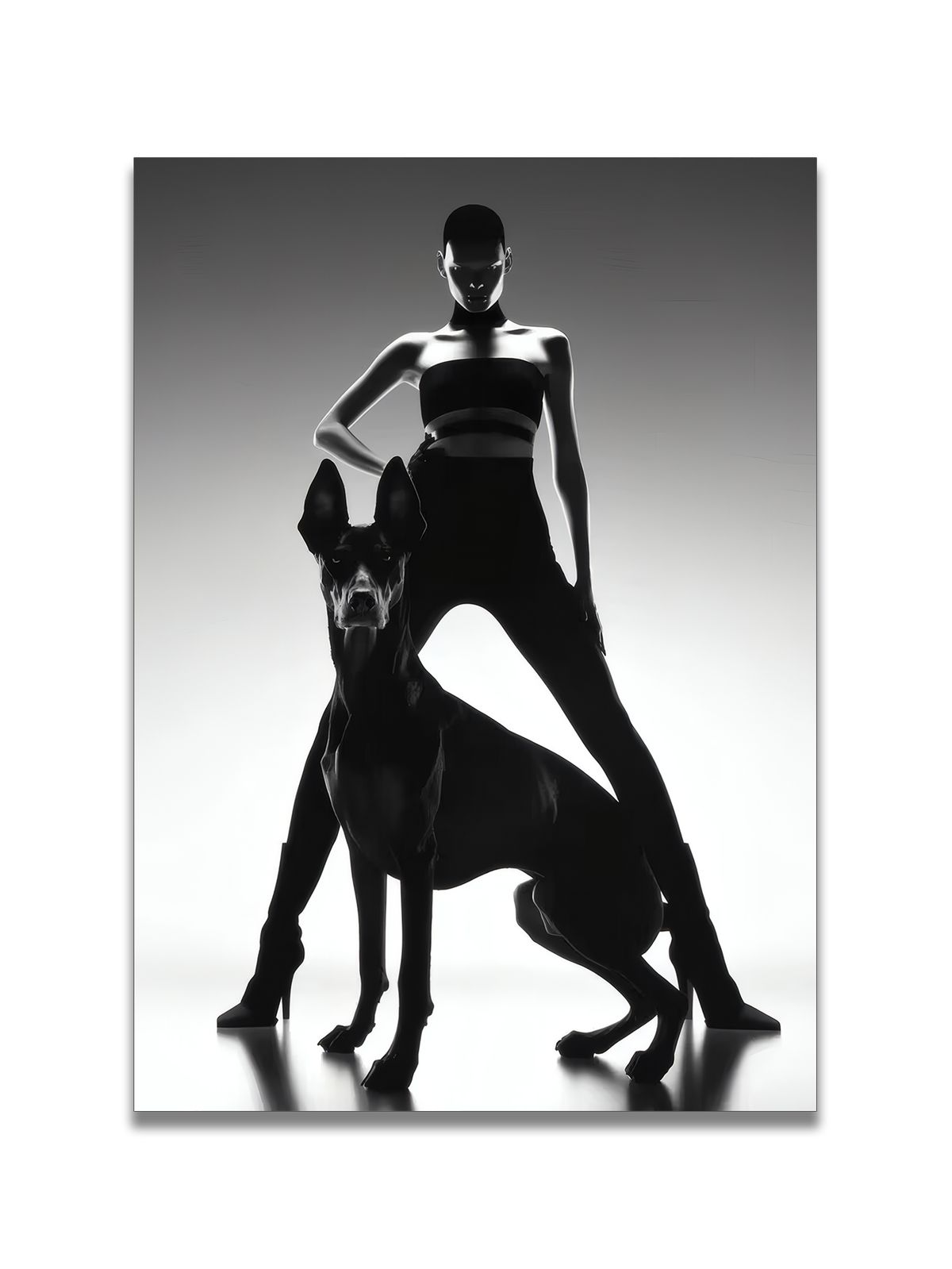 Triptych Black & White Photographic Decorative Art: Woman & Doberman, Dramatic Light & Pose, Wildness & Strength_maomaolike.com