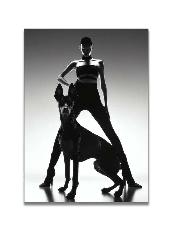 Triptych Black & White Photographic Decorative Art: Woman & Doberman, Dramatic Light & Pose, Wildness & Strength_maomaolike.com
