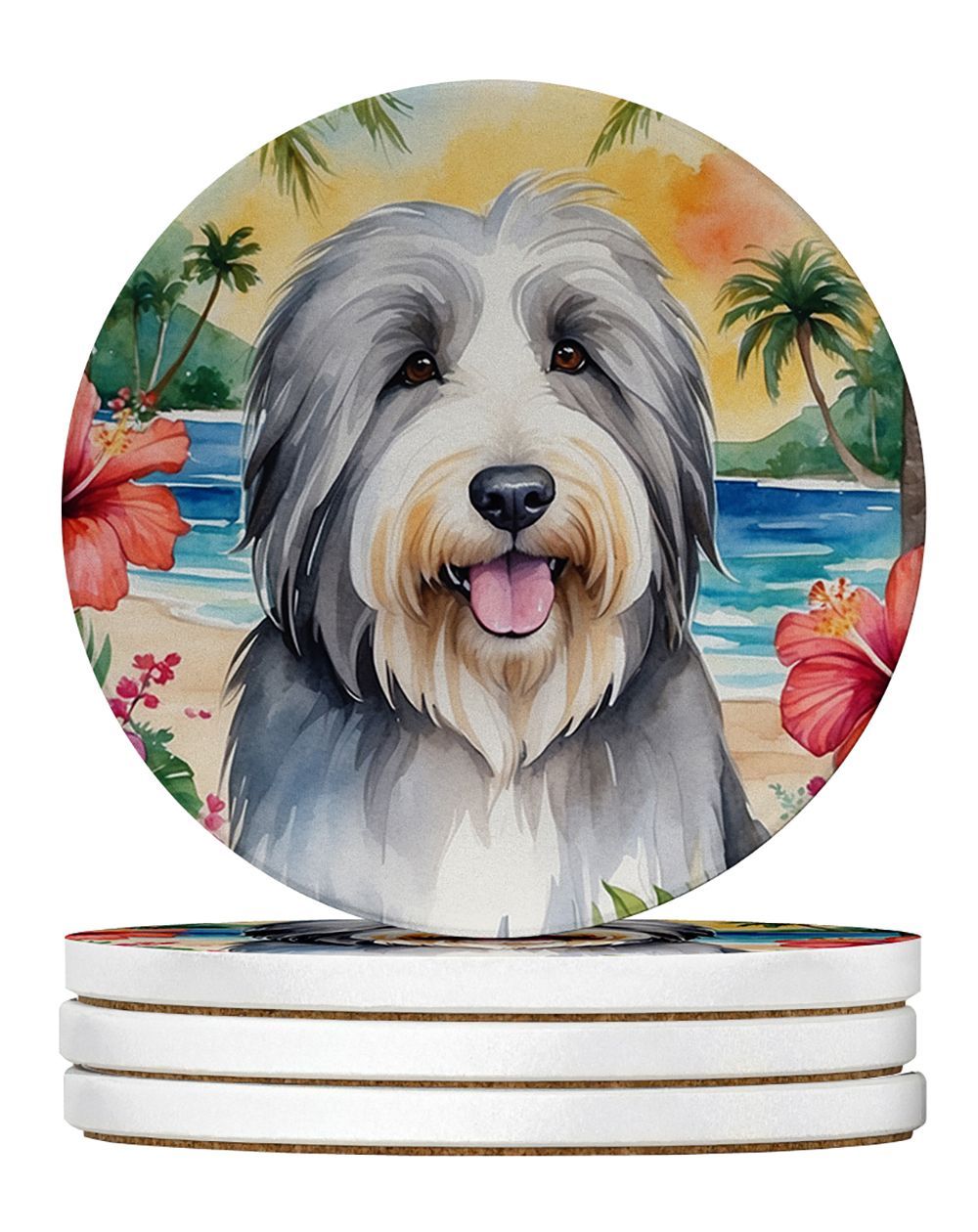 Bearded Collie Luau Large Sandstone Coasters Pack Of 4 Absorbent Round Coasters Decor Gifts For Men Or Women, 4 In, Multicolor_maomaolike.com